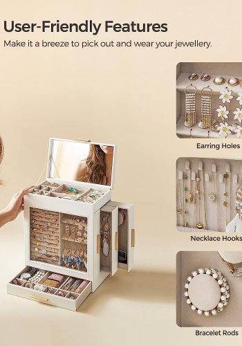 SONGMICS smykkeskrin, 5 lag, m. glassvindu, 3 sideskuffer, stort speil - skyhvit PU og gull 