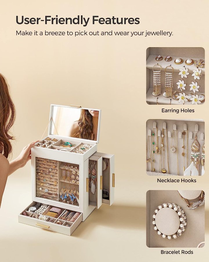 SONGMICS smykkeskrin, 5 lag, m. glassvindu, 3 sideskuffer, stort speil - skyhvit PU og gull 