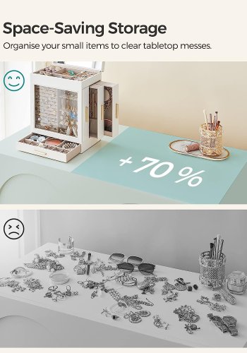 SONGMICS smykkeskrin, 5 lag, m. glassvindu, 3 sideskuffer, stort speil - skyhvit PU og gull 