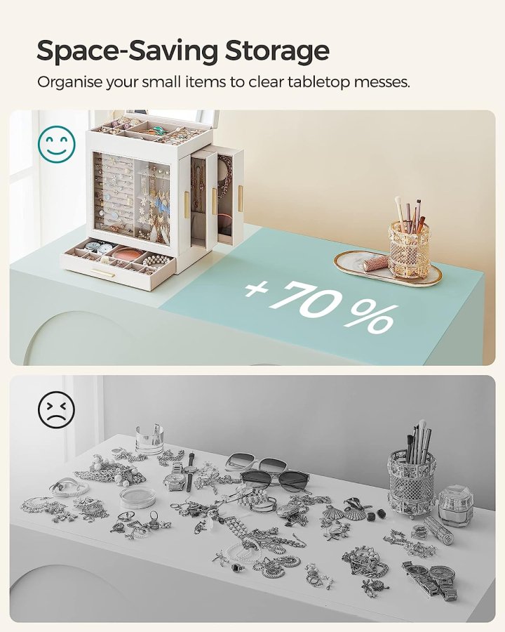 SONGMICS smykkeskrin, 5 lag, m. glassvindu, 3 sideskuffer, stort speil - skyhvit PU og gull 