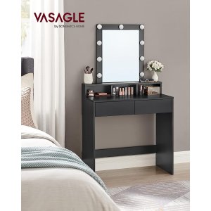 VASAGLE Sminkbord, LED-lampa med justerbar ljusstyrka, sminkbord med spegel, 2 ldor och 3 fack, modernt, svart RDT114T16