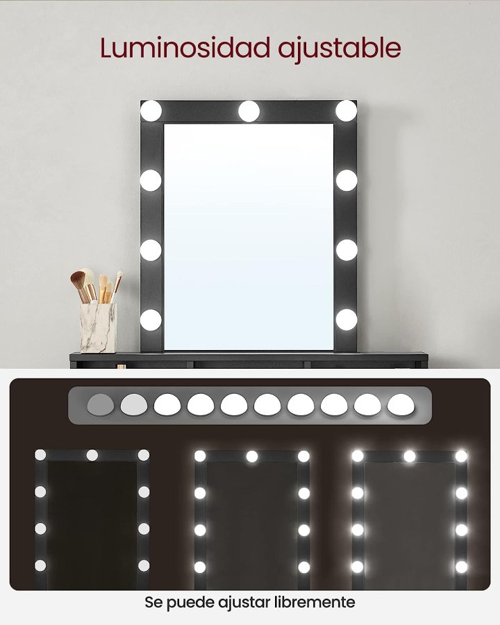 VASAGLE Frisiertisch, LED-Licht mit einstellbarer Helligkeit, Schminktisch mit Spiegel, 2 Schubladen und 3 Fächern, modern, schwarz RDT114T16