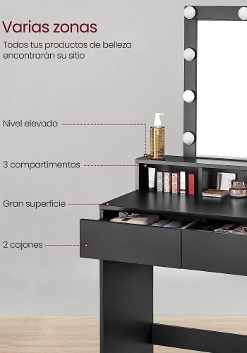 VASAGLE Frisiertisch, LED-Licht mit einstellbarer Helligkeit, Schminktisch mit Spiegel, 2 Schubladen und 3 Fächern, modern, schwarz RDT114T16