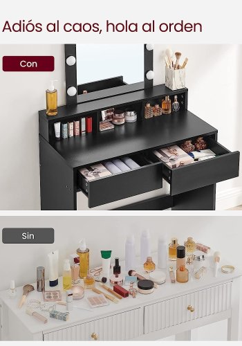 VASAGLE Frisiertisch, LED-Licht mit einstellbarer Helligkeit, Schminktisch mit Spiegel, 2 Schubladen und 3 Fächern, modern, schwarz RDT114T16