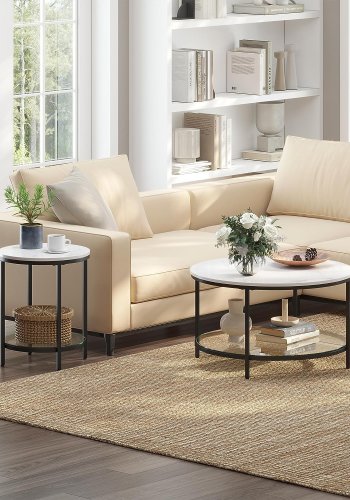 Vasagle LGT025B01 sidebord, m. 1 glasshylle - hvit marmor-look sponplate og svart stl (45)