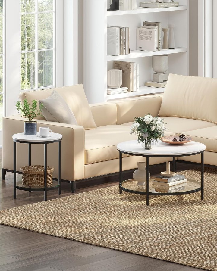 Vasagle LGT025B01 sidebord, m. 1 glasshylle - hvit marmor-look sponplate og svart stl (45)