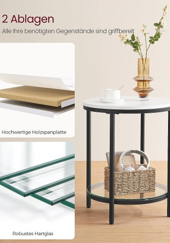 Vasagle LGT025B01 sidebord, m. 1 glasshylle - hvit marmor-look sponplate og svart stl (45)