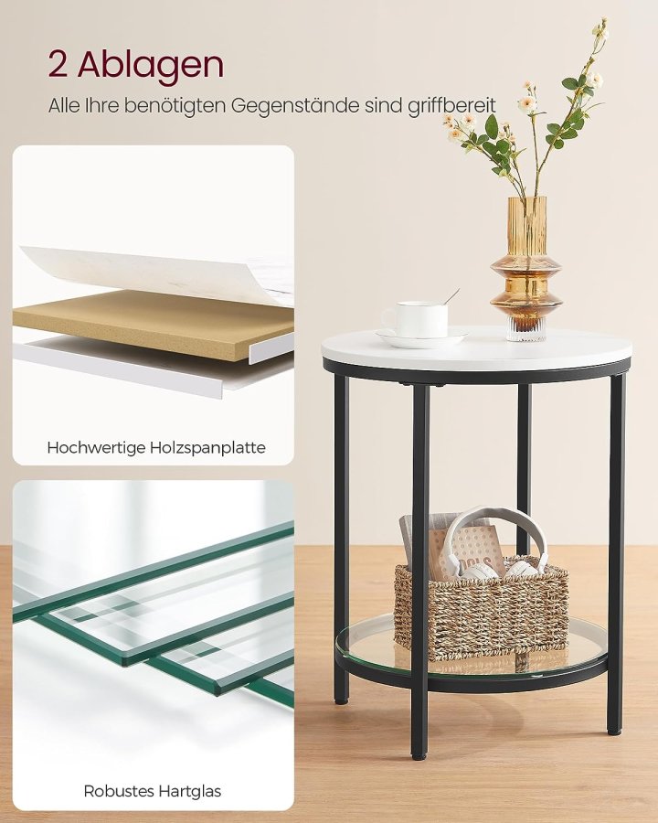 Vasagle LGT025B01 sidebord, m. 1 glasshylle - hvit marmor-look sponplate og svart stl (45)