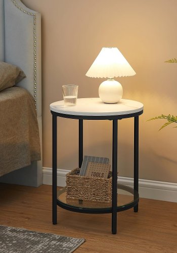 Vasagle LGT025B01 sidebord, m. 1 glasshylle - hvit marmor-look sponplate og svart stl (45)