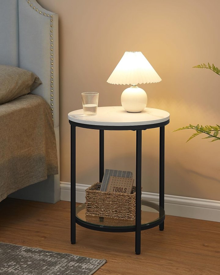 Vasagle LGT025B01 sidebord, m. 1 glasshylle - hvit marmor-look sponplate og svart stl (45)