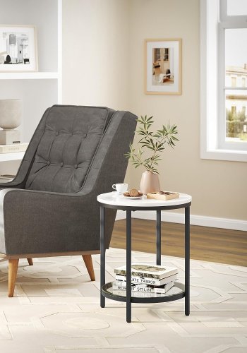 Vasagle LGT025B01 sidebord, m. 1 glasshylle - hvit marmor-look sponplate og svart stl (45)