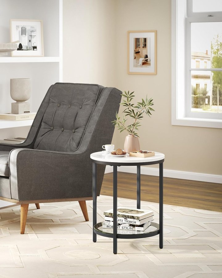 Vasagle LGT025B01 sidebord, m. 1 glasshylle - hvit marmor-look sponplate og svart stl (45)