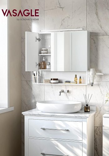 VASAGLE baderomsveggskap, m. speil, LED-lampe, 3 drer, hylle, hrfnerholder - hvitt tre/stl
