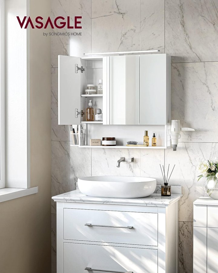 VASAGLE baderomsveggskap, m. speil, LED-lampe, 3 drer, hylle, hrfnerholder - hvitt tre/stl