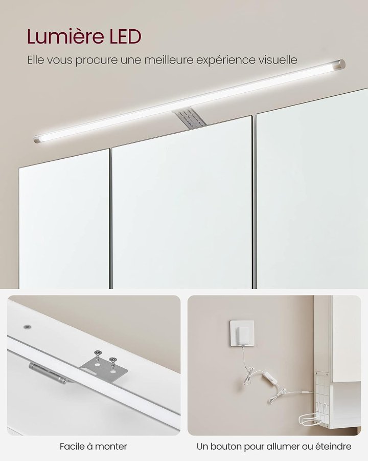 VASAGLE baderomsveggskap, m. speil, LED-lampe, 3 drer, hylle, hrfnerholder - hvitt tre/stl