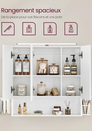 VASAGLE baderomsveggskap, m. speil, LED-lampe, 3 drer, hylle, hrfnerholder - hvitt tre/stl