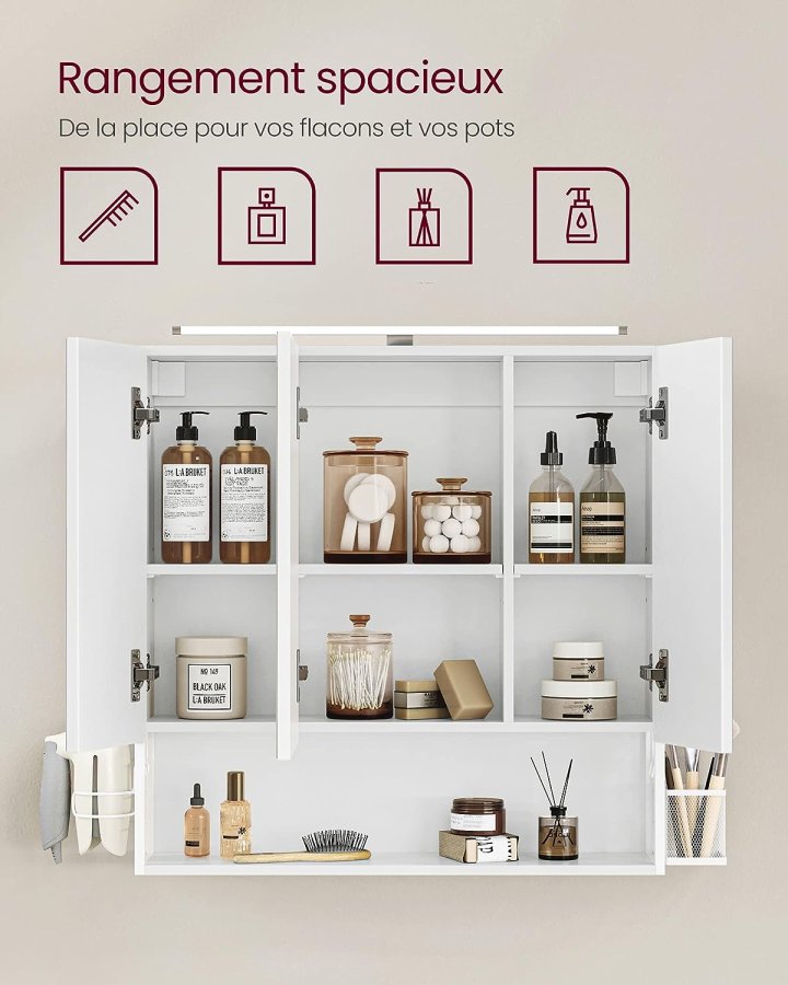 VASAGLE baderomsveggskap, m. speil, LED-lampe, 3 drer, hylle, hrfnerholder - hvitt tre/stl