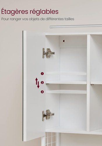 VASAGLE baderomsveggskap, m. speil, LED-lampe, 3 drer, hylle, hrfnerholder - hvitt tre/stl