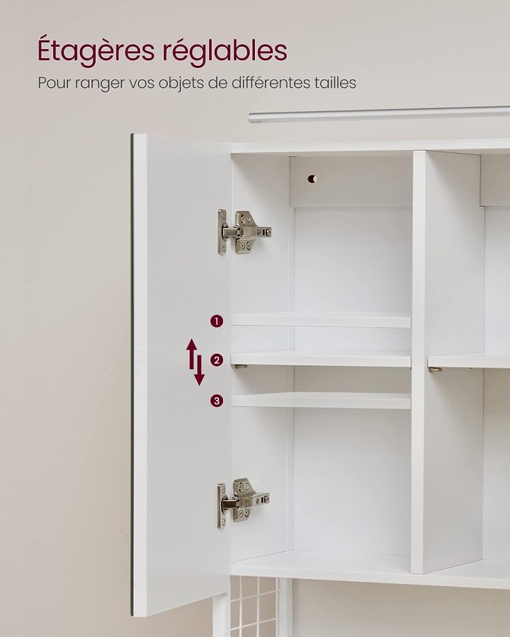 VASAGLE baderomsveggskap, m. speil, LED-lampe, 3 drer, hylle, hrfnerholder - hvitt tre/stl