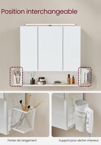 VASAGLE baderomsveggskap, m. speil, LED-lampe, 3 drer, hylle, hrfnerholder - hvitt tre/stl