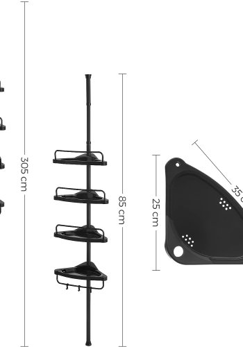SONGMICS justerbar hjrnehylle p badet, teleskopisk dusjkabinett, 85-305 cm, gulv til tak, med 4 skuffer, 3 kroker, svart BCB001B01