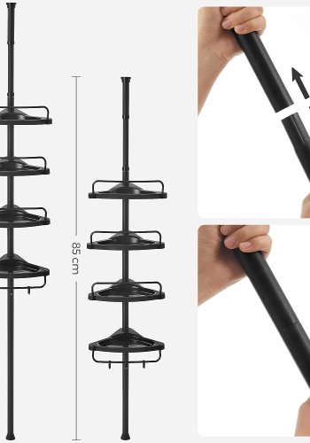 SONGMICS justerbar hjrnehylle p badet, teleskopisk dusjkabinett, 85-305 cm, gulv til tak, med 4 skuffer, 3 kroker, svart BCB001B01