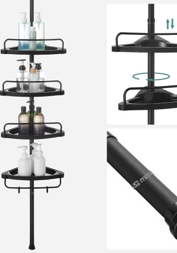 SONGMICS justerbar hjrnehylle p badet, teleskopisk dusjkabinett, 85-305 cm, gulv til tak, med 4 skuffer, 3 kroker, svart BCB001B01