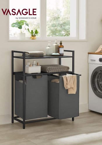 VASAGLE skittentyskurv, m. 2 rom, 2 hyller, 2 uttrekkbare og avtakbare poser - grtt stoff/svart stl