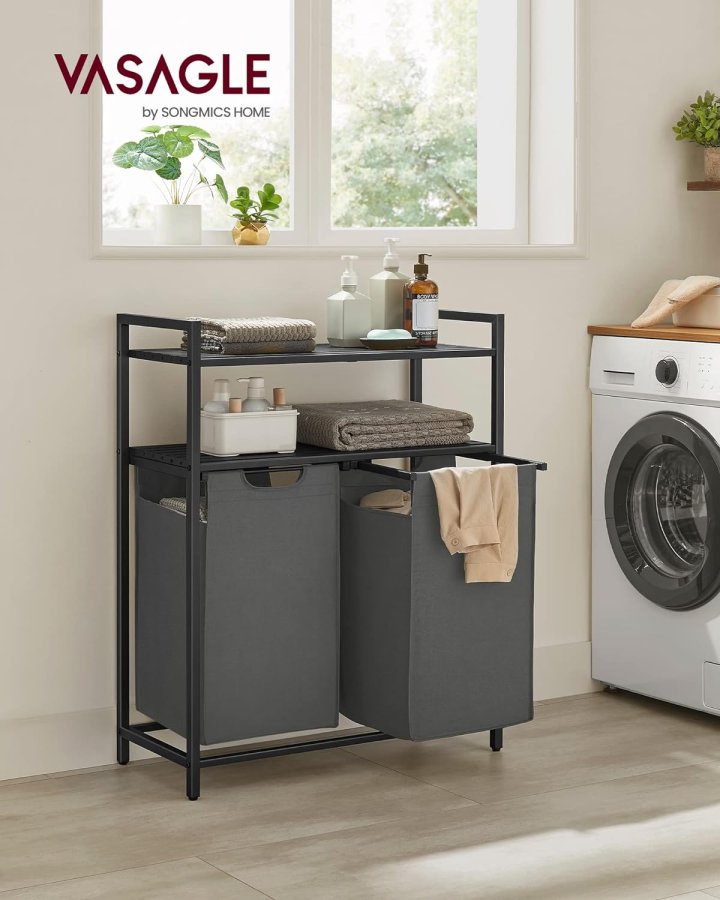 VASAGLE skittentyskurv, m. 2 rom, 2 hyller, 2 uttrekkbare og avtakbare poser - grtt stoff/svart stl