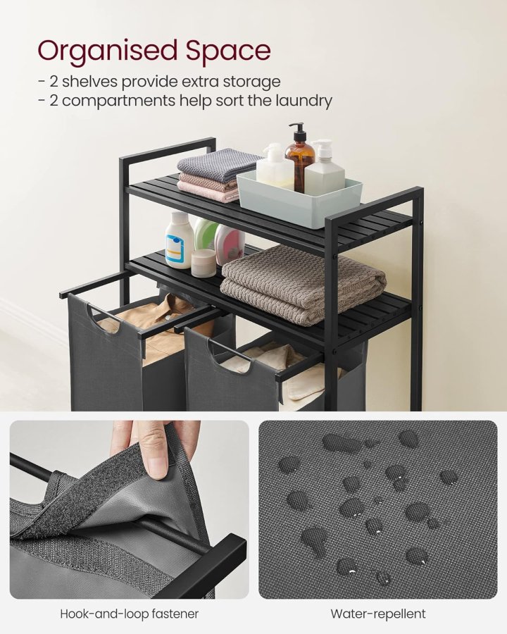 VASAGLE skittentyskurv, m. 2 rom, 2 hyller, 2 uttrekkbare og avtakbare poser - grtt stoff/svart stl