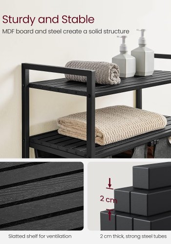 VASAGLE skittentyskurv, m. 2 rom, 2 hyller, 2 uttrekkbare og avtakbare poser - grtt stoff/svart stl