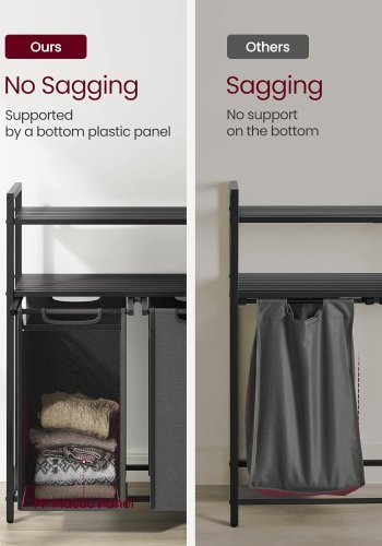 VASAGLE skittentyskurv, m. 2 rom, 2 hyller, 2 uttrekkbare og avtakbare poser - grtt stoff/svart stl