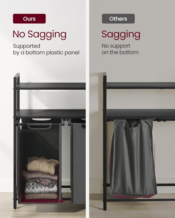 VASAGLE skittentyskurv, m. 2 rom, 2 hyller, 2 uttrekkbare og avtakbare poser - grtt stoff/svart stl