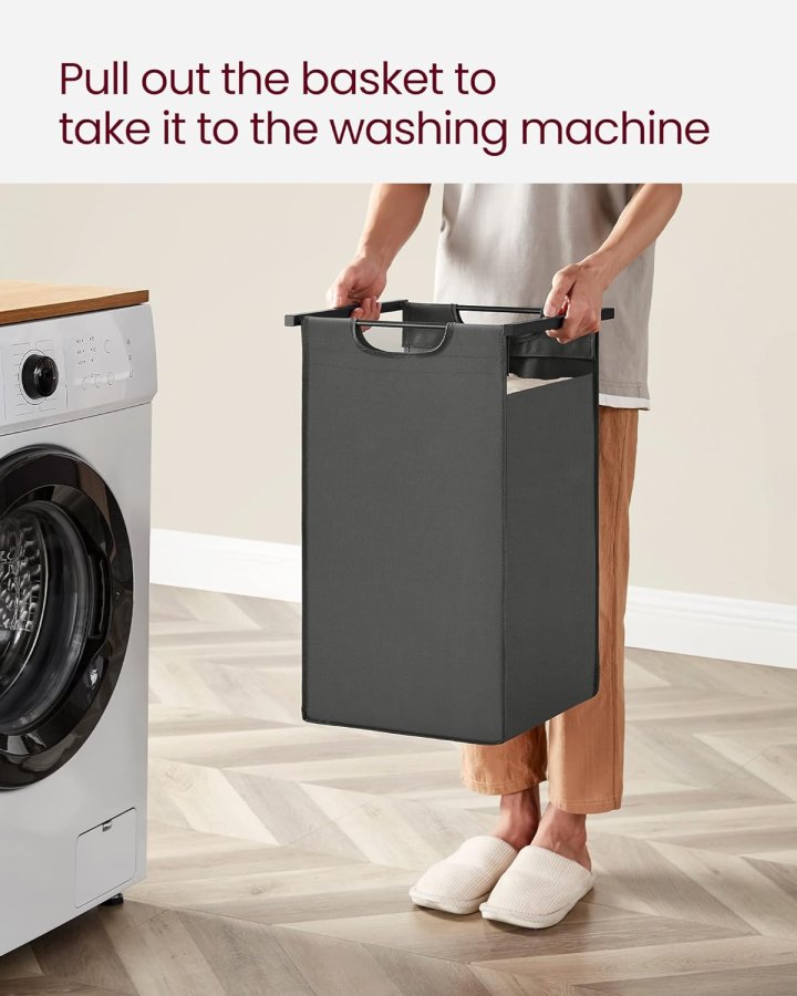 VASAGLE skittentyskurv, m. 2 rom, 2 hyller, 2 uttrekkbare og avtakbare poser - grtt stoff/svart stl