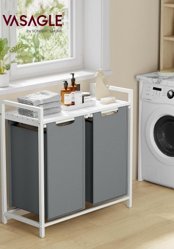 VASAGLE skittentyskurv, 2 rom, 1 hylle, 2 uttrekkbare og avtakbare poser - lysegrt stoff, hvitt stl