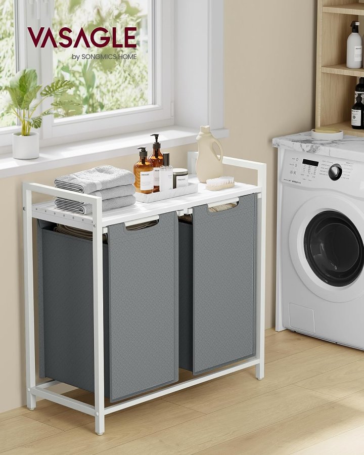 VASAGLE skittentyskurv, 2 rom, 1 hylle, 2 uttrekkbare og avtakbare poser - lysegrt stoff, hvitt stl