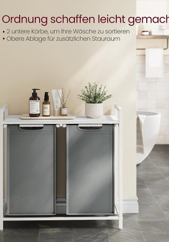 VASAGLE skittentyskurv, 2 rom, 1 hylle, 2 uttrekkbare og avtakbare poser - lysegrt stoff, hvitt stl