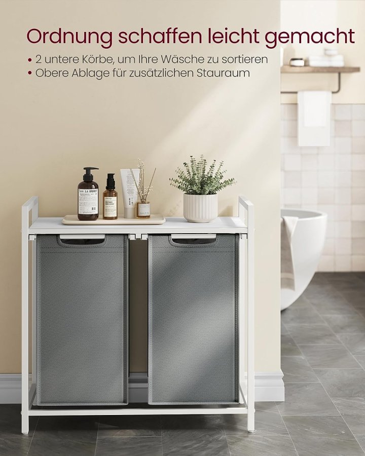 VASAGLE skittentyskurv, 2 rom, 1 hylle, 2 uttrekkbare og avtakbare poser - lysegrt stoff, hvitt stl