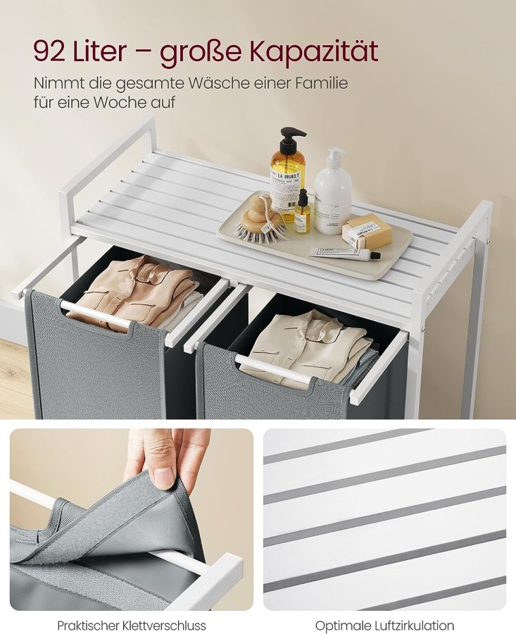 VASAGLE skittentyskurv, 2 rom, 1 hylle, 2 uttrekkbare og avtakbare poser - lysegrt stoff, hvitt stl