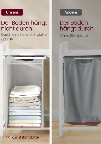 VASAGLE skittentyskurv, 2 rom, 1 hylle, 2 uttrekkbare og avtakbare poser - lysegrt stoff, hvitt stl