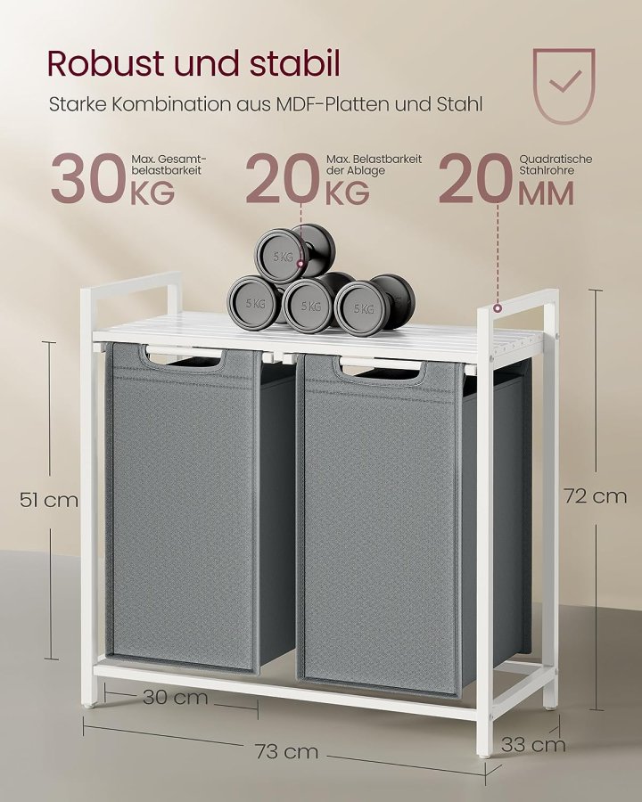VASAGLE skittentyskurv, 2 rom, 1 hylle, 2 uttrekkbare og avtakbare poser - lysegrt stoff, hvitt stl