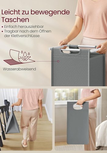 VASAGLE skittentyskurv, 2 rom, 1 hylle, 2 uttrekkbare og avtakbare poser - lysegrt stoff, hvitt stl