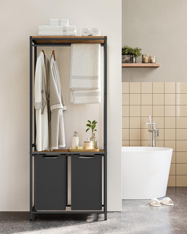 VASAGLE vasketjskurv, m. 2 hylder, aftagelige foringer, bjlestang - brun spnplade og sort stl