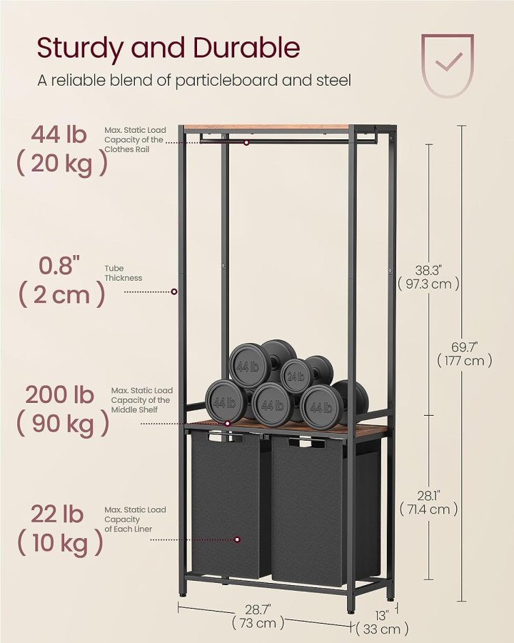 VASAGLE vasketjskurv, m. 2 hylder, aftagelige foringer, bjlestang - brun spnplade og sort stl