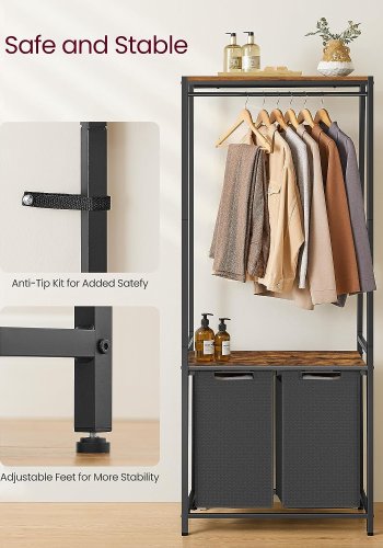 VASAGLE vasketjskurv, m. 2 hylder, aftagelige foringer, bjlestang - brun spnplade og sort stl