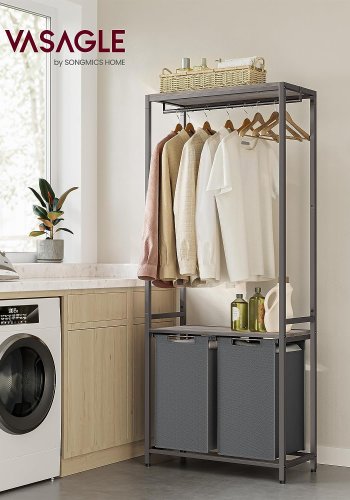 VASAGLE Wäschekorb, m. 2 Ablagen, herausnehmbaren Einsätzen, Kleiderstange – graue Spanplatte und grauer Stahl