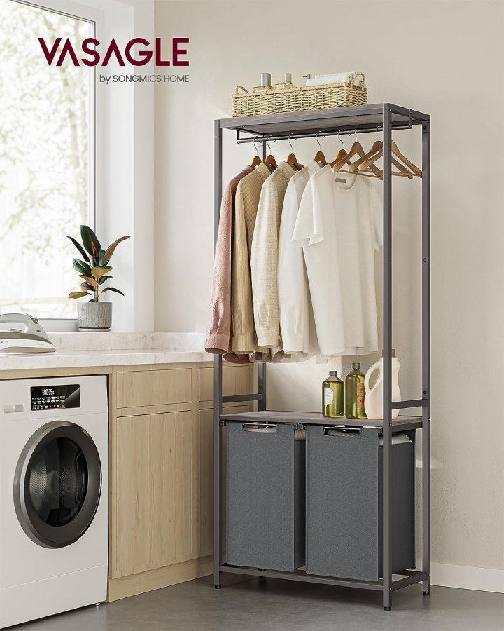 VASAGLE Wäschekorb, m. 2 Ablagen, herausnehmbaren Einsätzen, Kleiderstange – graue Spanplatte und grauer Stahl