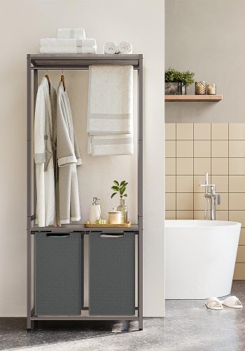 VASAGLE Wäschekorb, m. 2 Ablagen, herausnehmbaren Einsätzen, Kleiderstange – graue Spanplatte und grauer Stahl