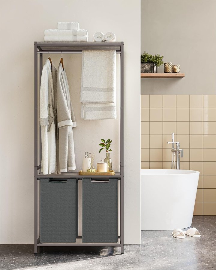 VASAGLE Wäschekorb, m. 2 Ablagen, herausnehmbaren Einsätzen, Kleiderstange – graue Spanplatte und grauer Stahl