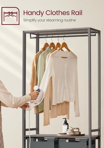 VASAGLE Wäschekorb, m. 2 Ablagen, herausnehmbaren Einsätzen, Kleiderstange – graue Spanplatte und grauer Stahl